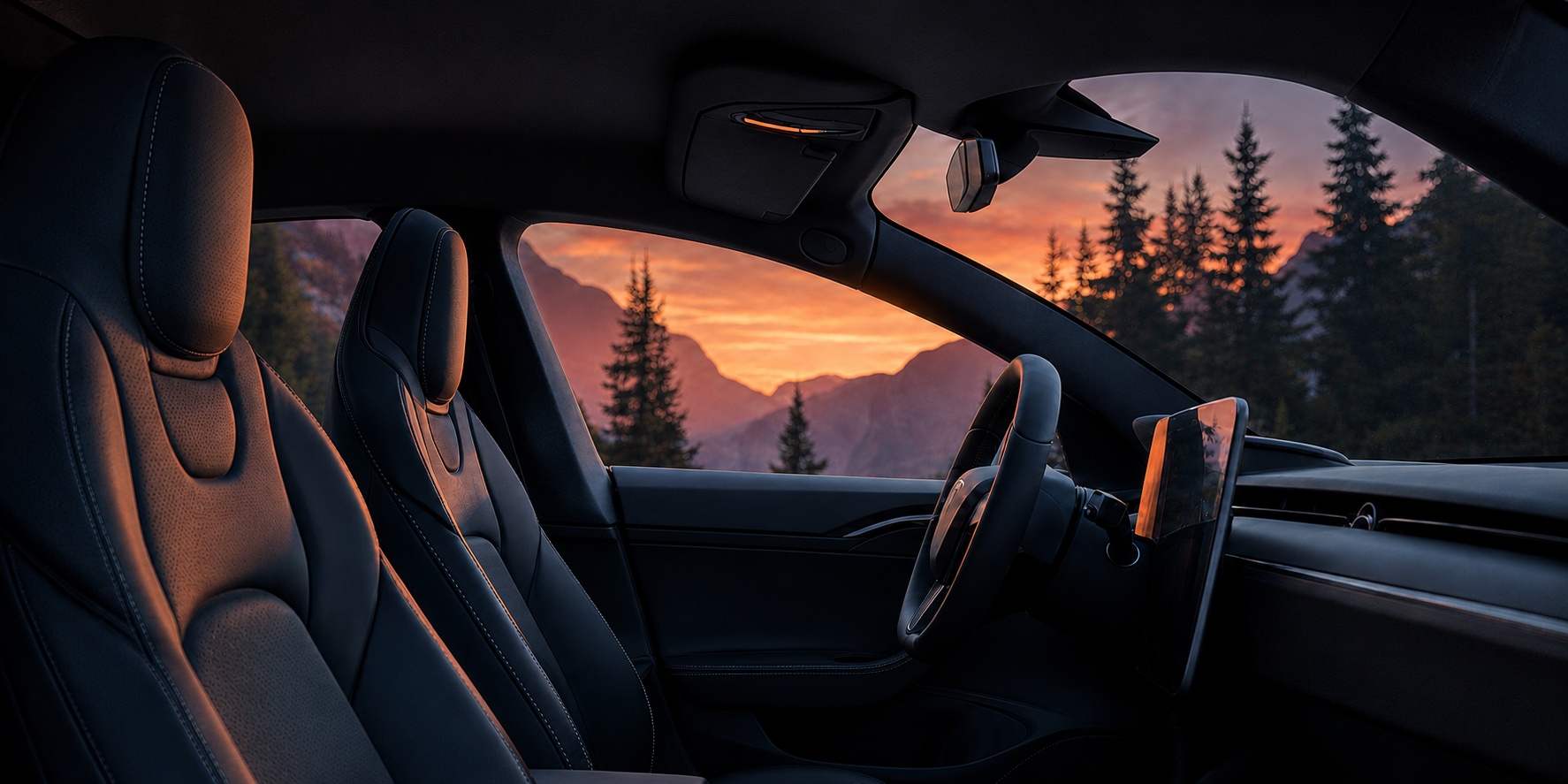 Cabin from the rear seats: cream leather, wood trim, panoramic glass roof.