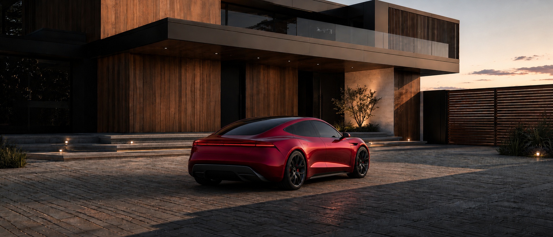 Metallic red sports car on a stone driveway at a modern wood-and-glass house at sunset.